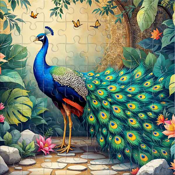Peacock in a Tropical Garden Jigsaw Puzzle