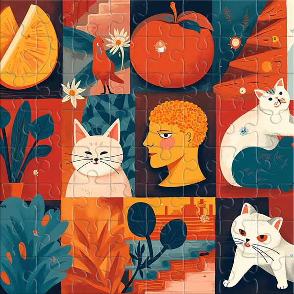 Gatos, plantas y una naranja Rompecabezas
