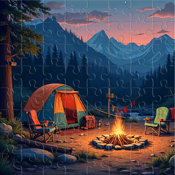 Campamento de montaña al atardecer Rompecabezas
