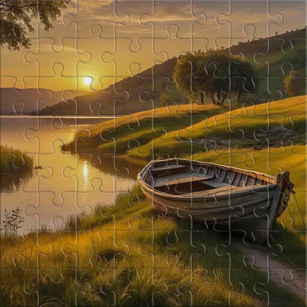 Bateau au bord du lac au coucher du soleil Puzzle
