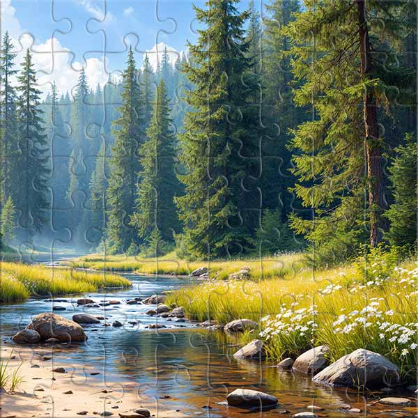 Rivière dans la forêt de conifères Puzzle