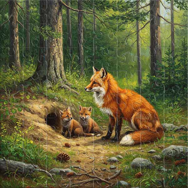 Zorros jóvenes en el bosque de pinos Rompecabezas